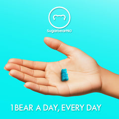 SugarBearHair vegan hair vitamins gummies blue gummy bear in open hand with SugarbearPRO logo and tagline