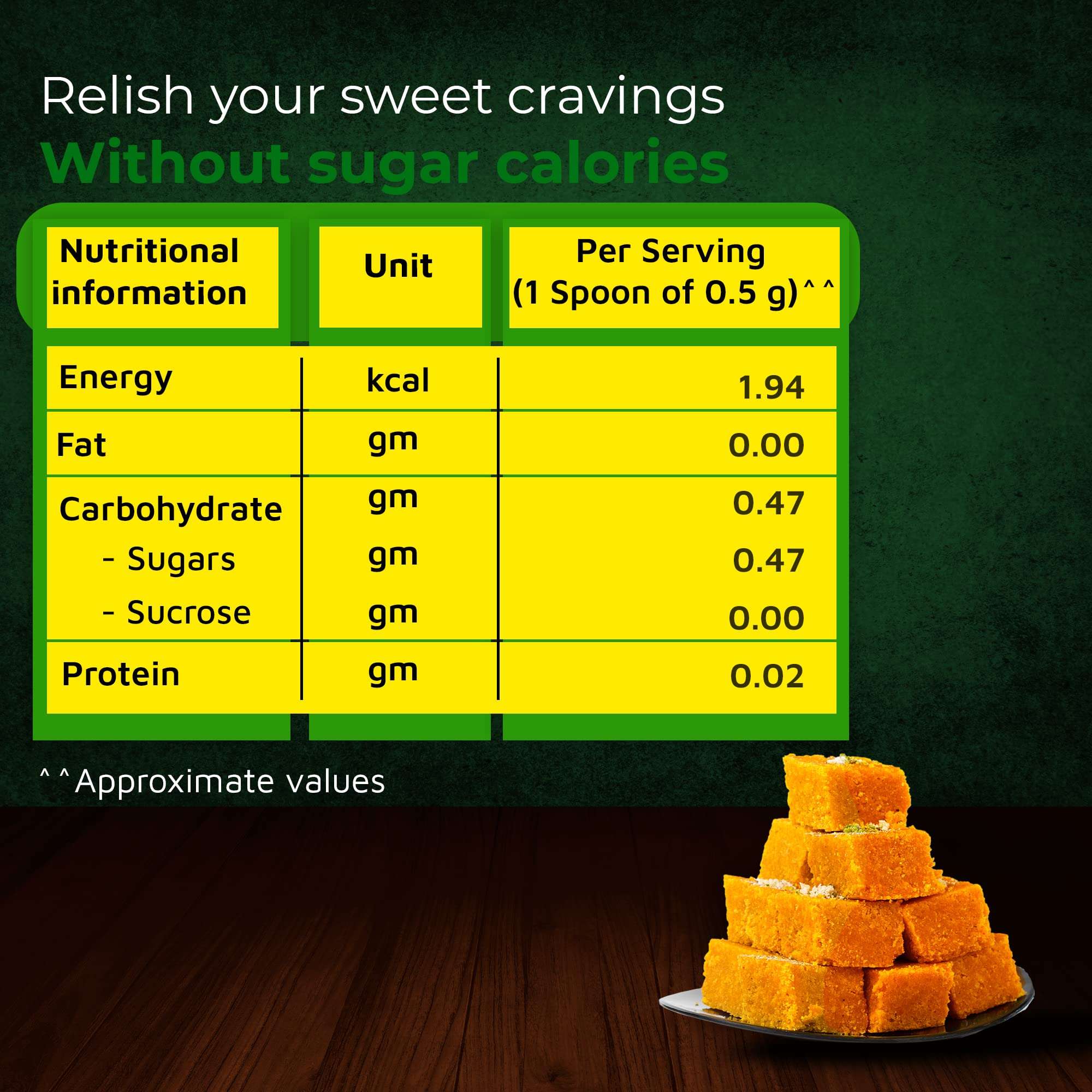 Sugar Free packaging showing sugar free sweetener drops nutrition chart and a plate of stacked orange Indian sweets