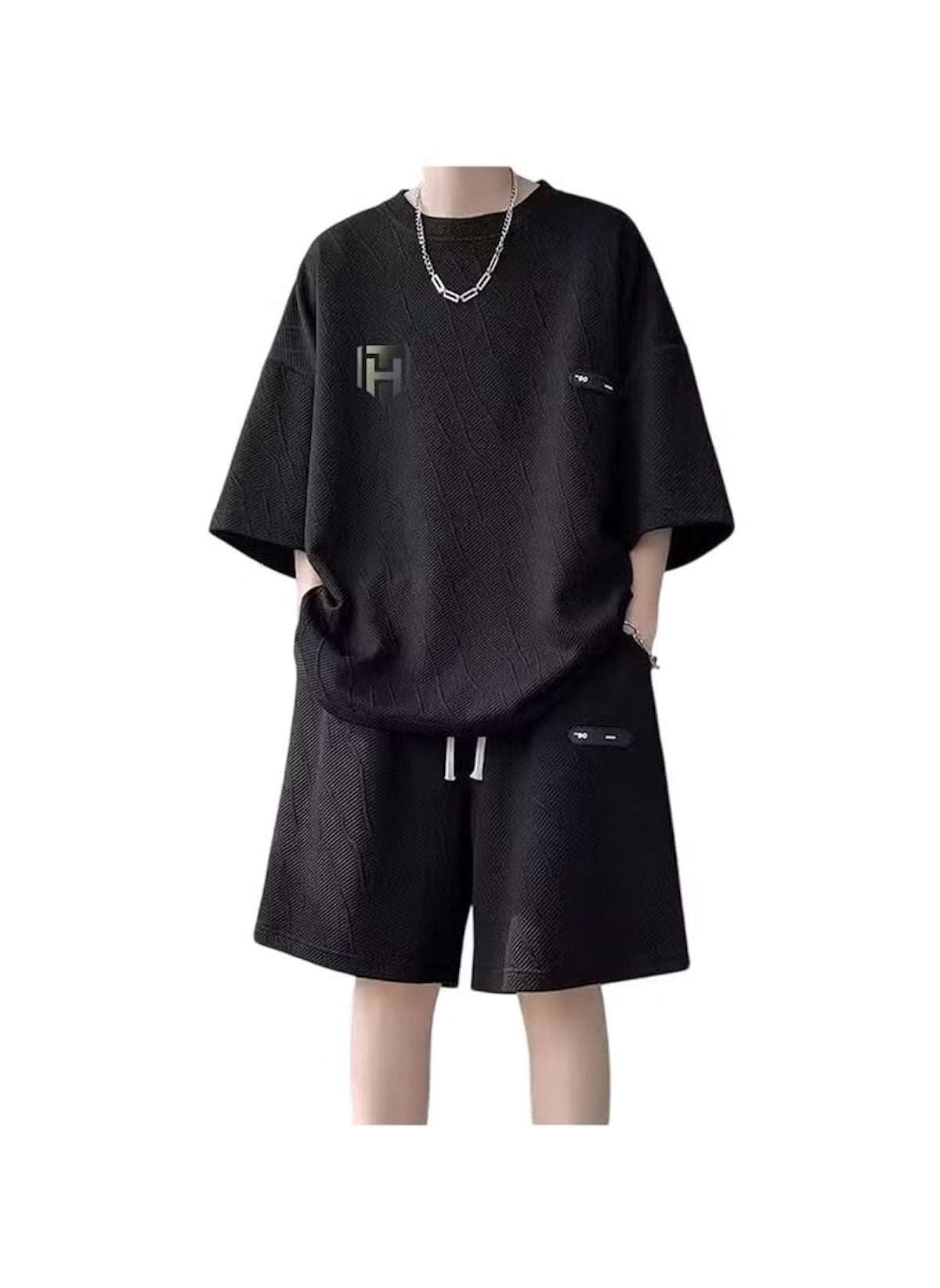 Black Huitich summer activewear set for men online with oversized shirt and matching shorts