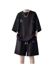 Black Huitich summer activewear set for men online with oversized shirt and matching shorts