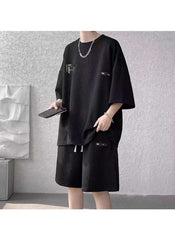 Black summer activewear set for men online featuring loose fit shorts and oversized t-shirt by Huitich