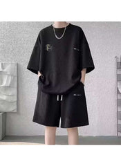 Huitich black summer activewear set for men online with loose fit T-shirt and shorts