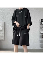 Huitich black summer activewear set for men online featuring loose fit shirt and shorts with drawstring waist