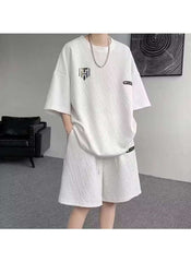 Huitich summer activewear set for men online featuring white textured oversized shirt and matching shorts