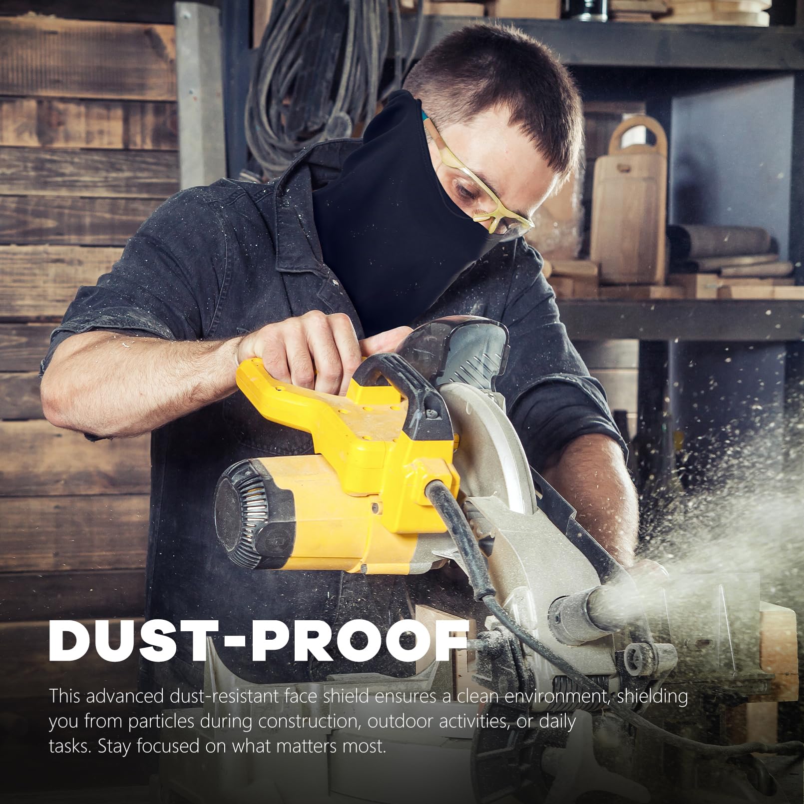 Man wearing Fuinloth summer balaclava face mask using a yellow power saw in a dusty workshop