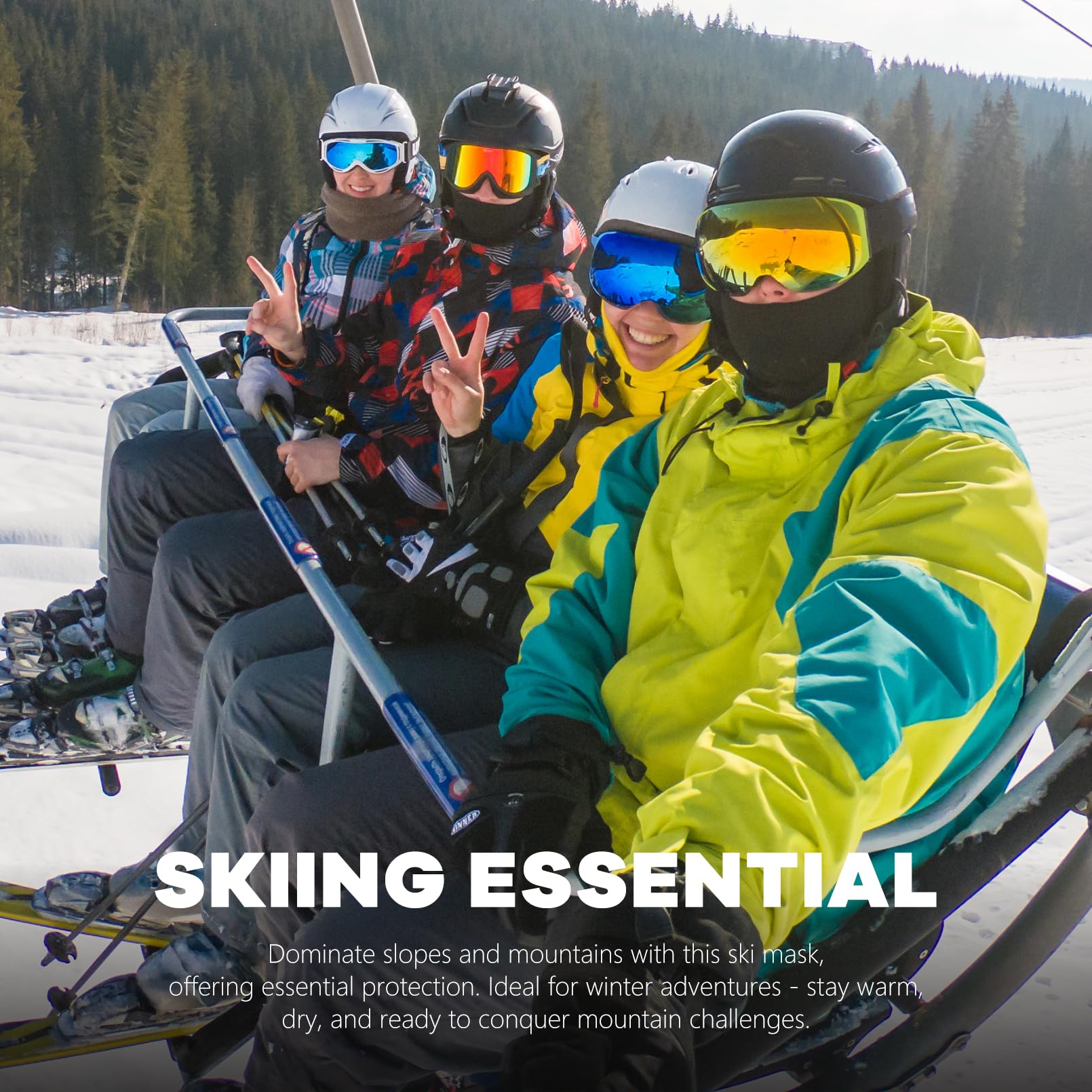 Fuinloth summer balaclava face mask worn by skiers on a ski lift with colorful winter gear