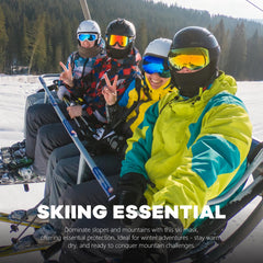 Fuinloth summer balaclava face mask worn by skiers on a ski lift with colorful winter gear