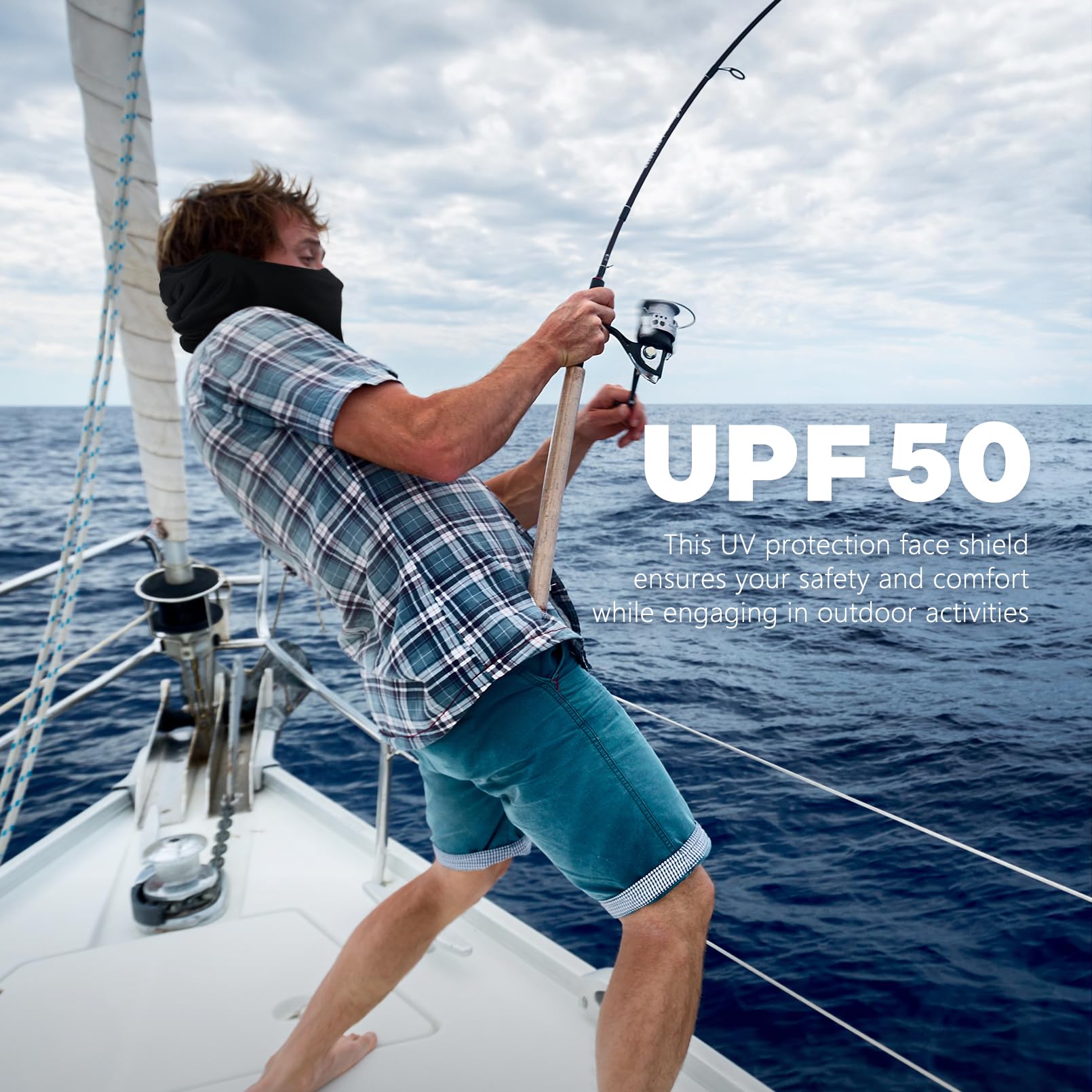 Man fishing on sailboat wearing Fuinloth summer balaclava face mask with UPF 50 protection