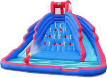 Inflatable bounce house slide, blue with red edging and yellow target pegs.