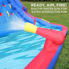 Inflatable bounce house play deck with built-in water gun, blue and red slide edge.
