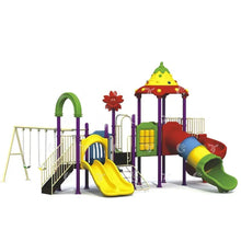 Outdoor playground set with slide, swings, climbing tunnel and colorful platform