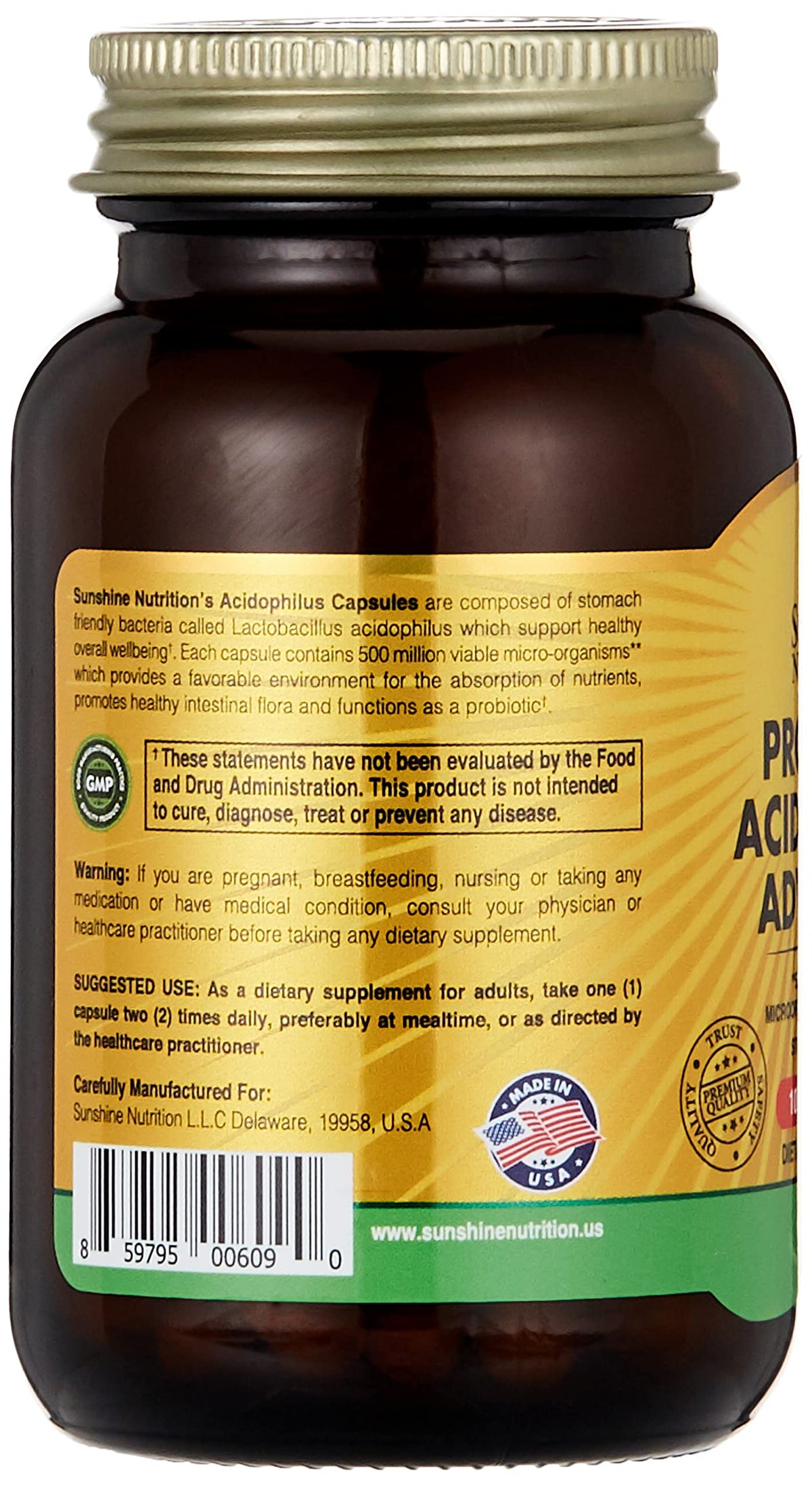 SUNSHINE NUTRITION brown glass supplement bottle back label with barcode USA seal and Acidophilus probiotic capsules UAE