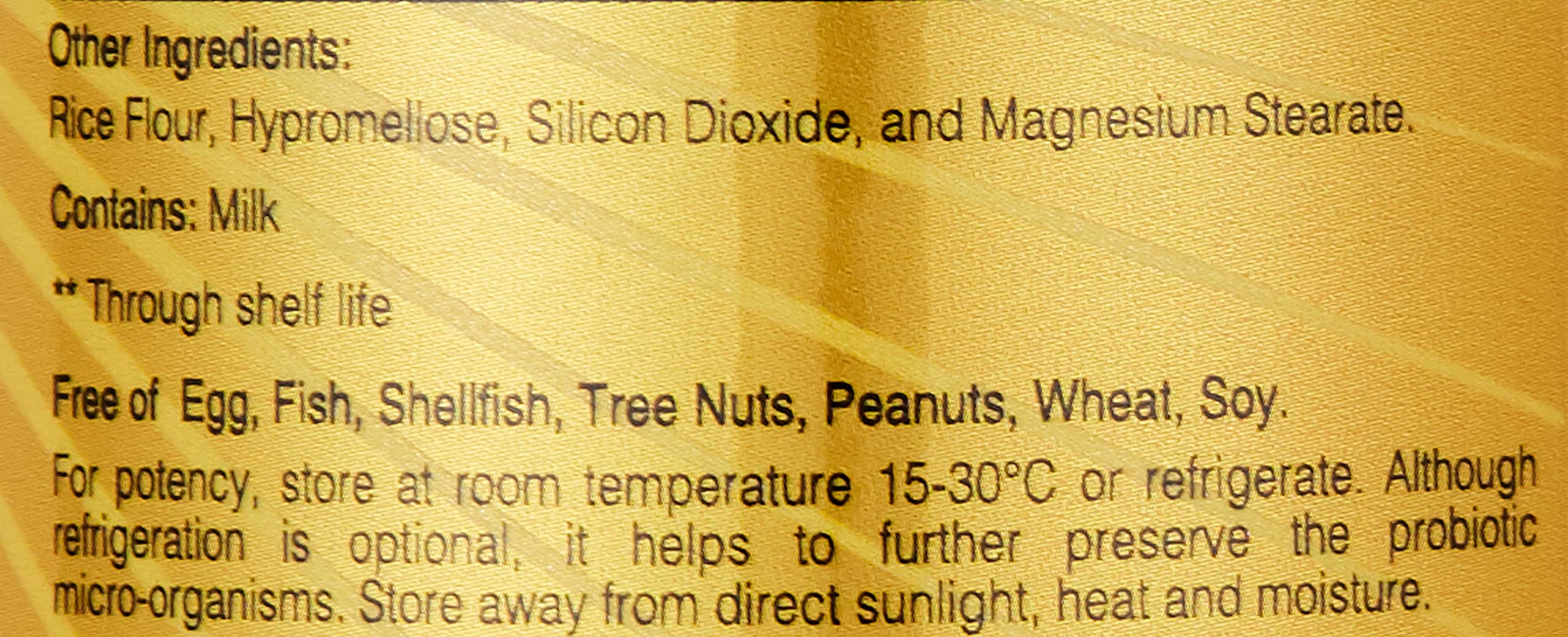 Acidophilus probiotic capsules UAE SUNSHINE NUTRITION supplement label listing ingredients contains milk and storage instructions