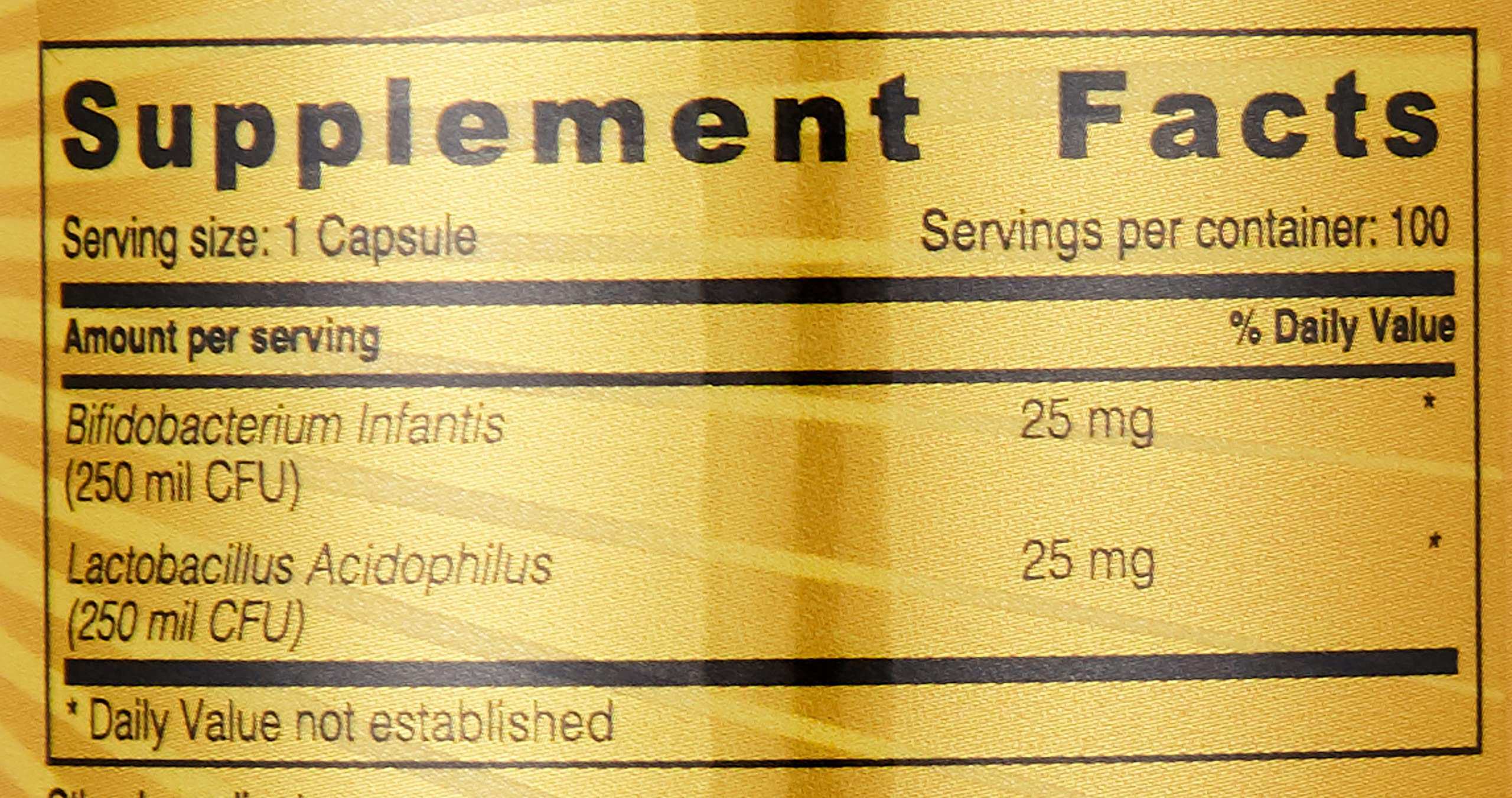 Supplement facts label listing Bifidobacterium infantis and Lactobacillus acidophilus 25 mg Acidophilus probiotic capsules UAE