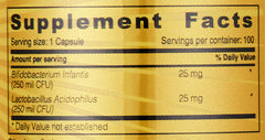 Supplement facts label listing Bifidobacterium infantis and Lactobacillus acidophilus 25 mg Acidophilus probiotic capsules UAE