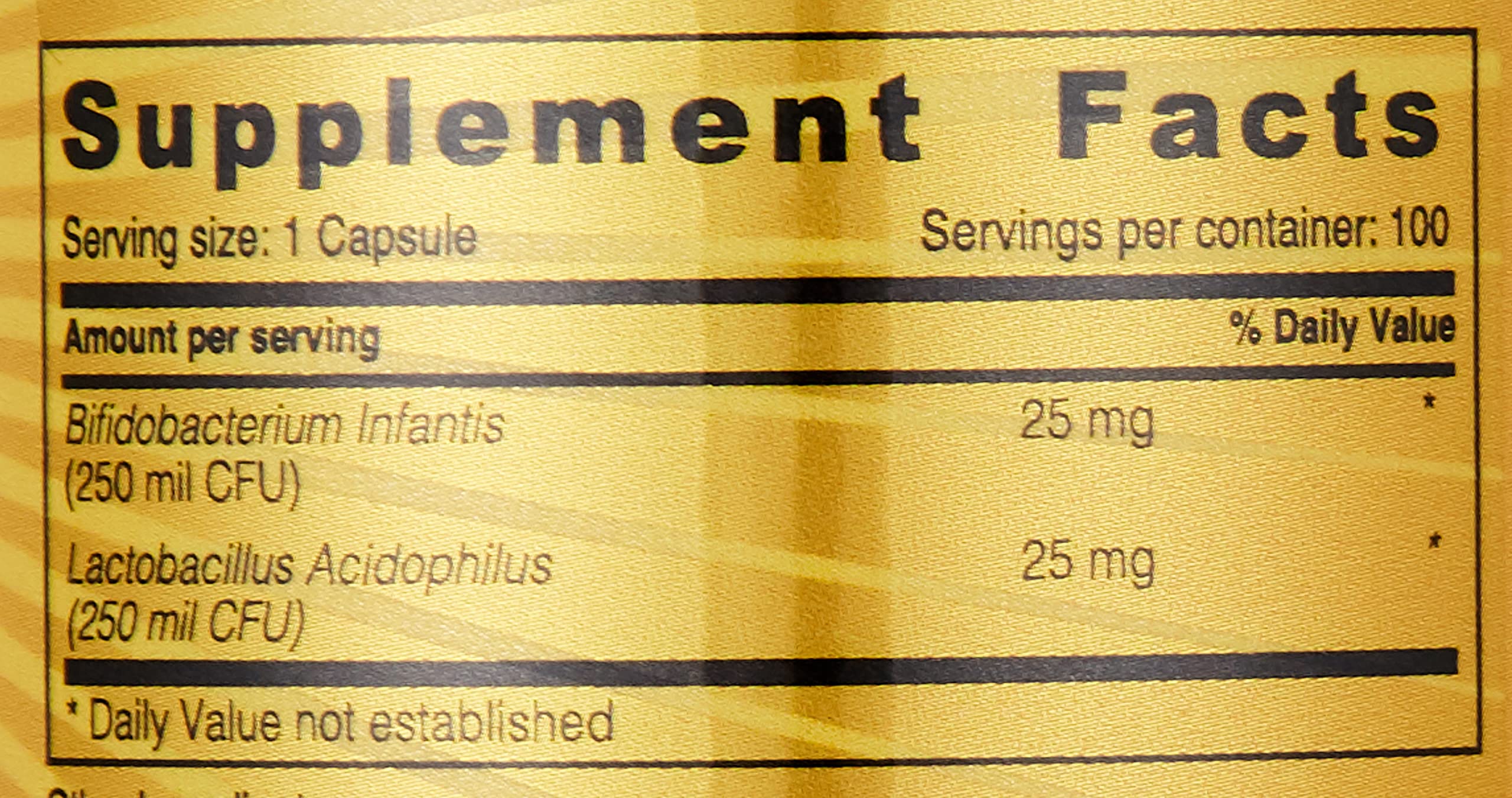 Supplement facts label listing Bifidobacterium infantis and Lactobacillus acidophilus 25 mg Acidophilus probiotic capsules UAE