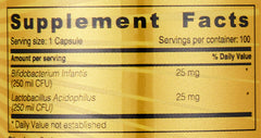 Supplement facts label listing Bifidobacterium infantis and Lactobacillus acidophilus 25 mg Acidophilus probiotic capsules UAE