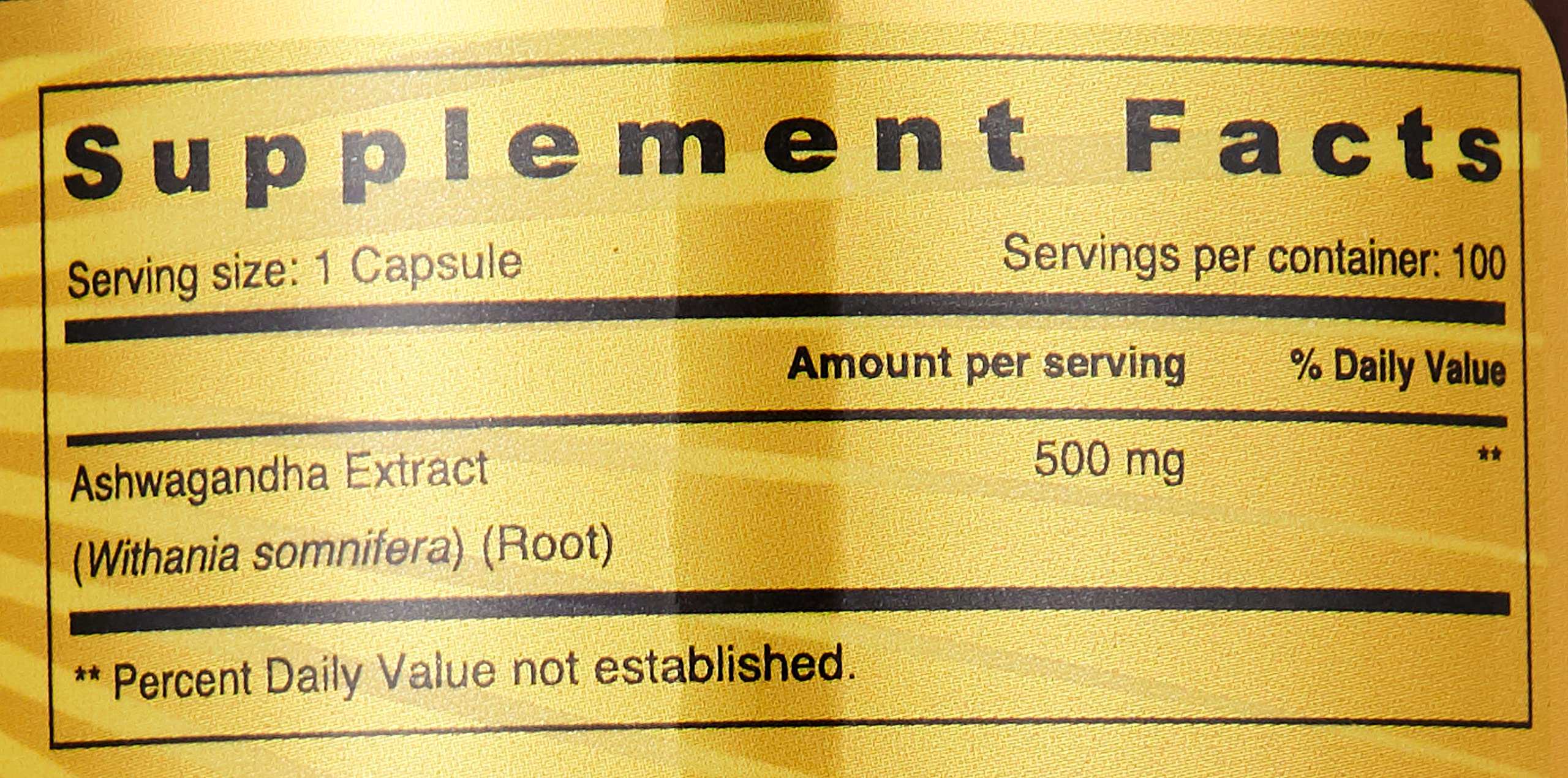 SUNSHINE NUTRITION supplement facts label showing 500 mg Ashwagandha Extract per serving for ashwagandha root extract capsules