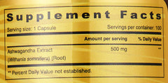 SUNSHINE NUTRITION supplement facts label showing 500 mg Ashwagandha Extract per serving for ashwagandha root extract capsules