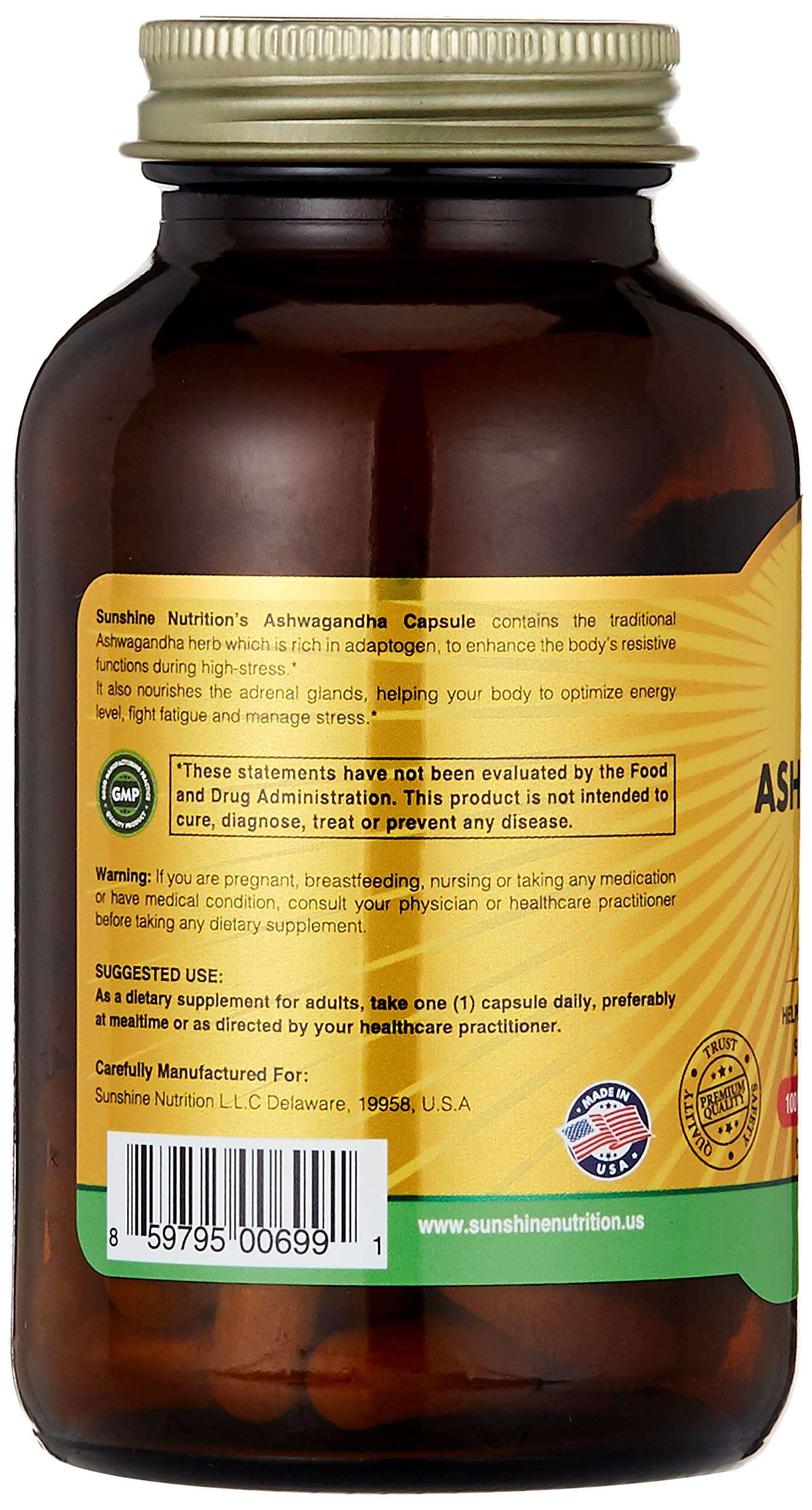 SUNSHINE NUTRITION brown glass supplement bottle with gold cap showing ashwagandha root extract capsules label