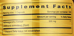 SUNSHINE NUTRITION supplement facts label showing 500 mg ashwagandha root extract capsules serving size 1 capsule