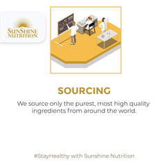 Sunshine Nutrition logo with lab scientists illustration and sourcing message promoting B-Complex effervescent tablets