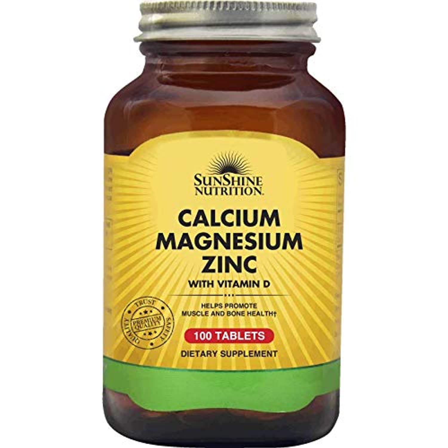 SunShine Nutrition bottle of calcium magnesium zinc vitamin d tablets 100 count dietary supplement for bone health