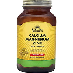 SunShine Nutrition bottle of calcium magnesium zinc vitamin d tablets 100 count dietary supplement for bone health