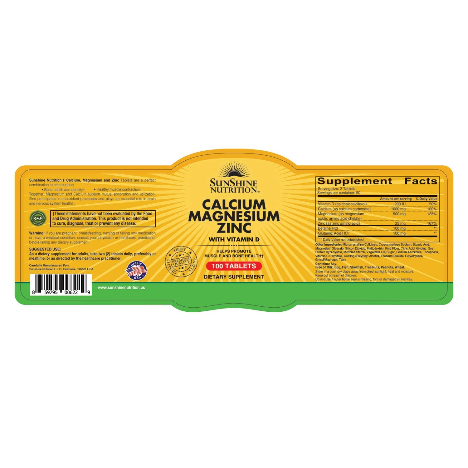 Sunshine Nutrition supplement label for calcium magnesium zinc vitamin d tablets 100 count for bone health