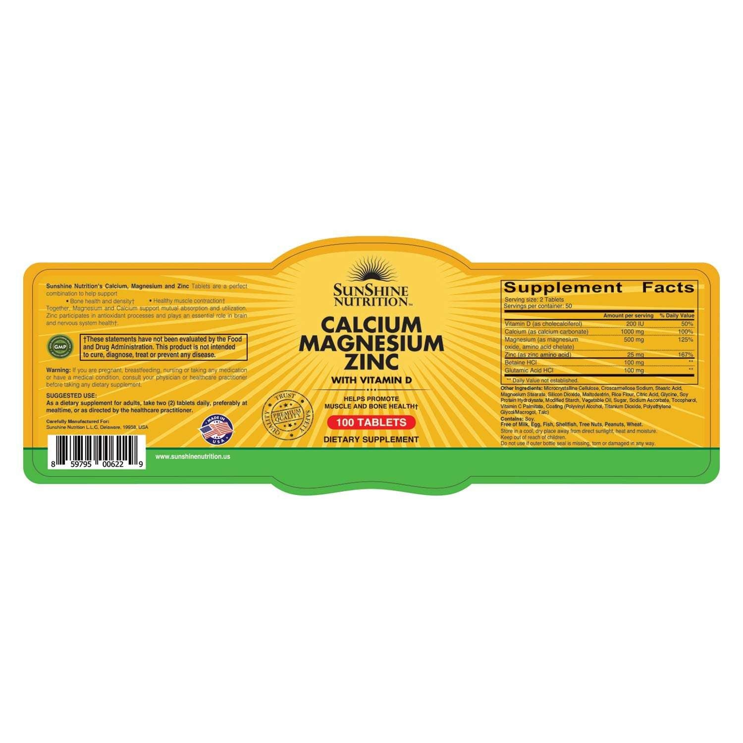 Sunshine Nutrition supplement label for calcium magnesium zinc vitamin d tablets 100 count for bone health
