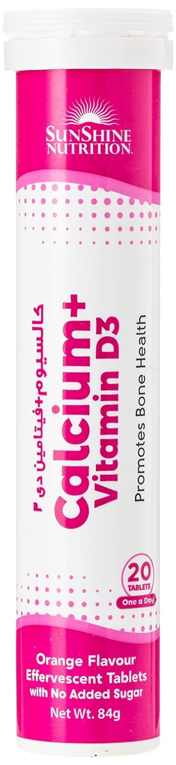 Sunshine Nutrition orange flavour tube of calcium vitamin d3 effervescent tablets 20 count for bone health