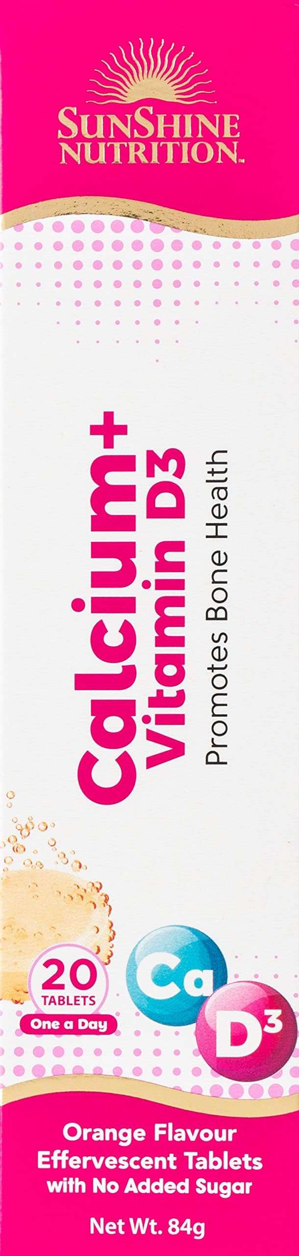 Sunshine Nutrition orange flavour calcium vitamin d3 effervescent tablets box promoting bone health 20 tablets