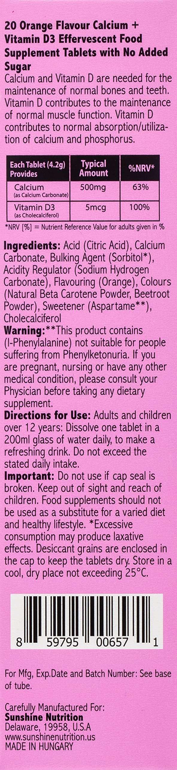 SUNSHINE NUTRITION orange flavor box of 20 calcium vitamin d3 effervescent tablets no added sugar label