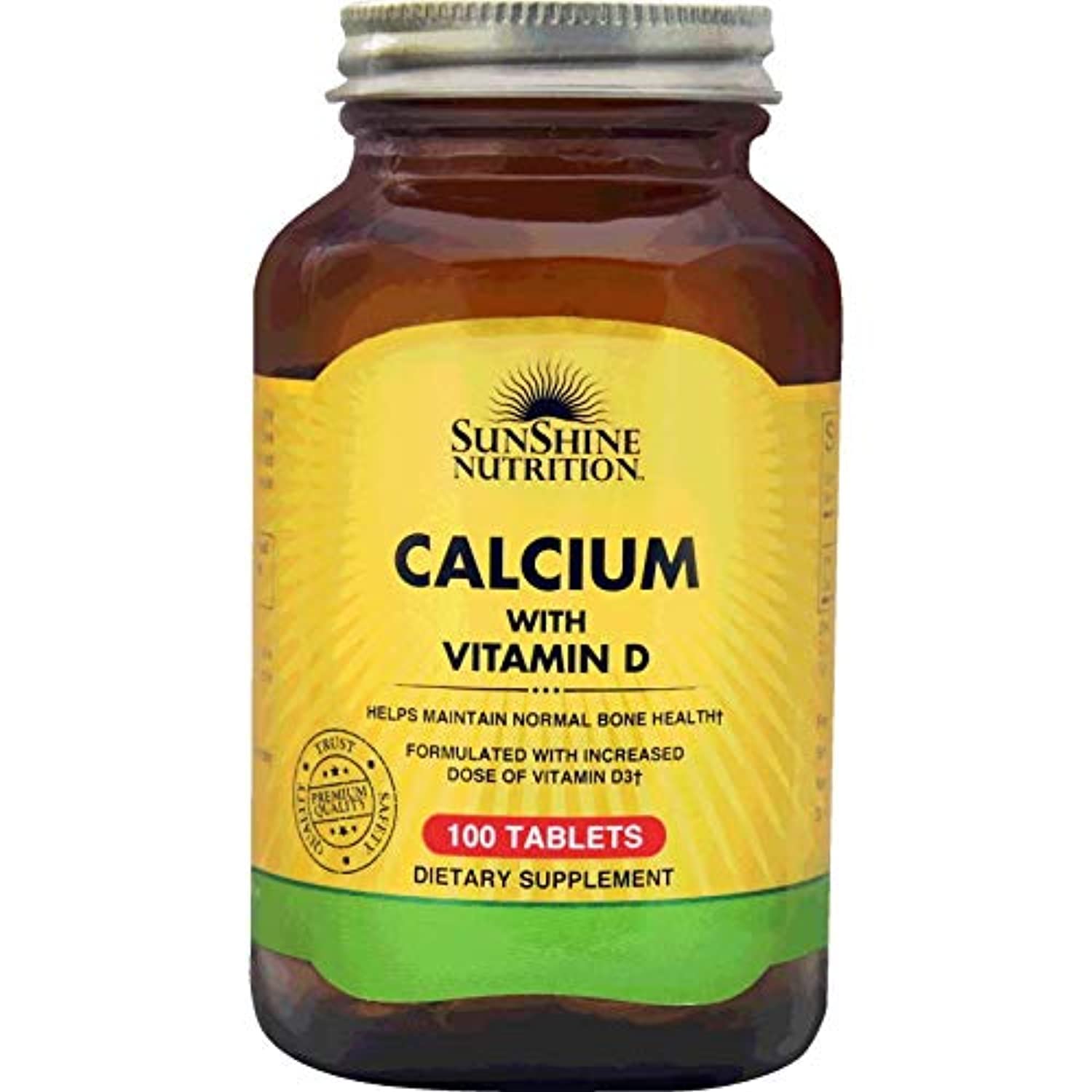 SUNSHINE NUTRITION calcium with vitamin D supplement bottle 100 tablets brown glass jar