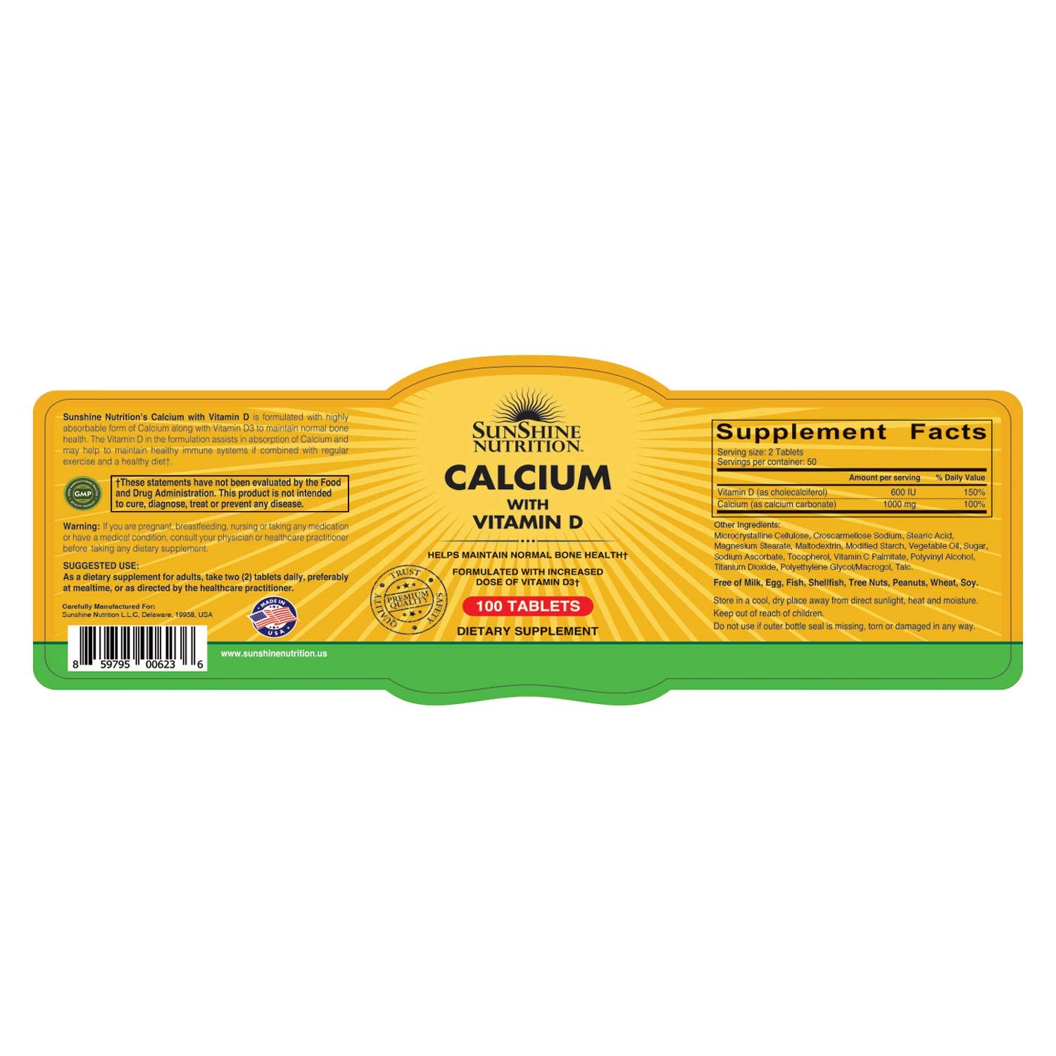 SUNSHINE NUTRITION yellow label for calcium with vitamin D supplement 100 tablets dietary facts