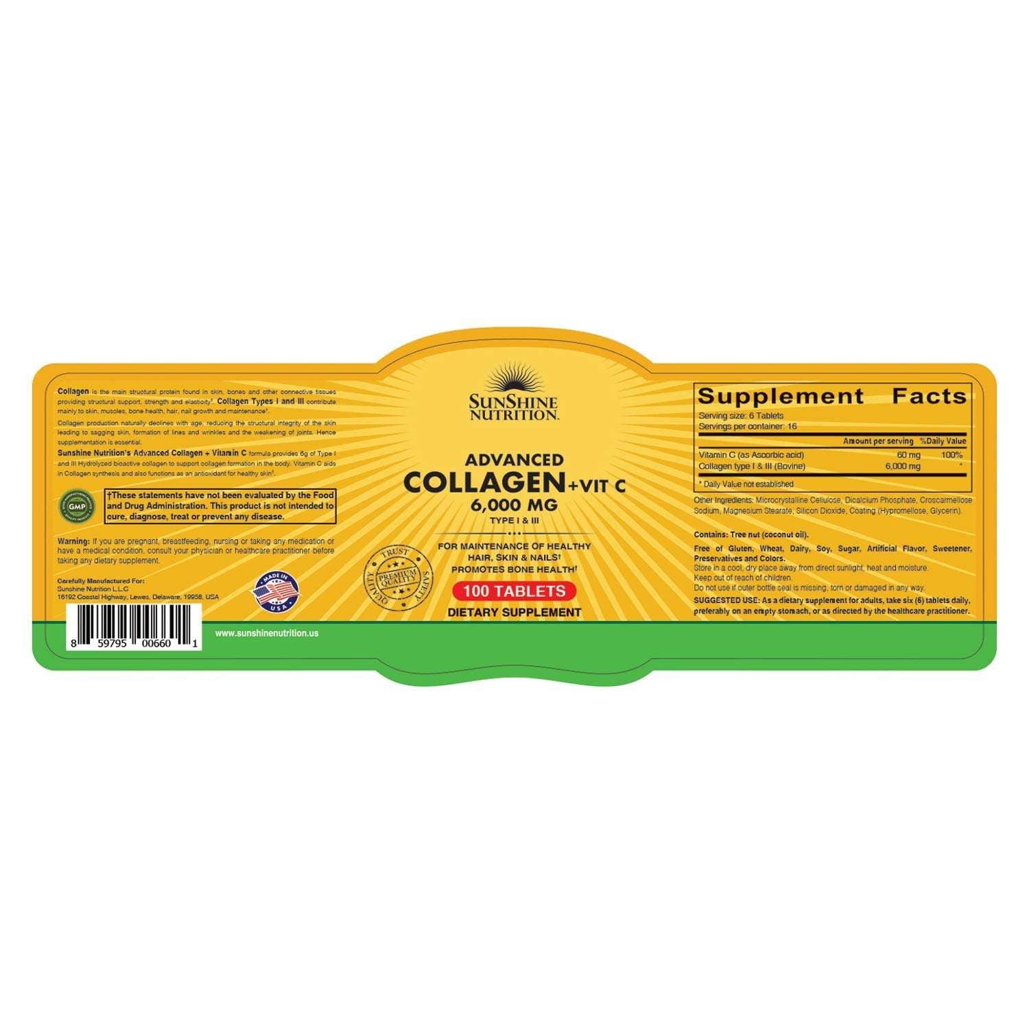 SUNSHINE NUTRITION yellow label for Advanced Collagen 6000 mg 100 tablets supplement facts collagen with vitamin C tablets UAE