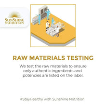 Sunshine Nutrition raw materials testing graphic with lab scene