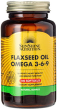 Flaxseed oil omega 3-6-9 dietary supplement bottle with 100 softgels label