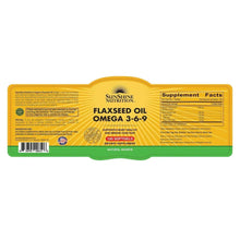 Flaxseed oil omega 3-6-9 softgel supplement facts label on long yellow package