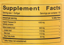 Supplement Facts panel for flaxseed oil softgels, serving size 1 softgel