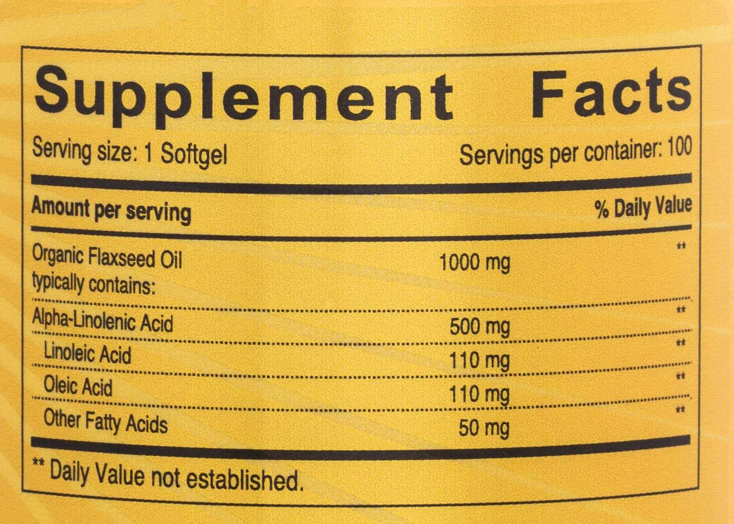 Supplement facts label for SUNSHINE NUTRITION organic flaxseed oil 1000 mg per softgel showing flaxseed oil omega 3-6-9 softgels