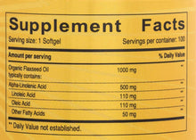 Supplement Facts label listing organic flaxseed oil nutrient amounts for 1 softgel
