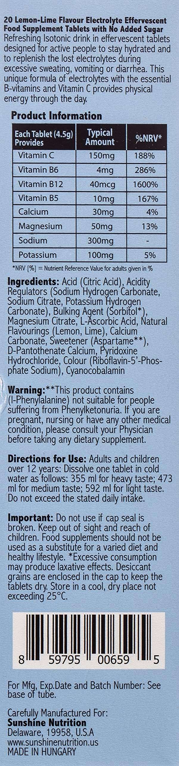 Visit the SUNSHINE NUTRITION Store lemon lime tube label showing isotonic electrolyte tablets supplement facts and ingredients