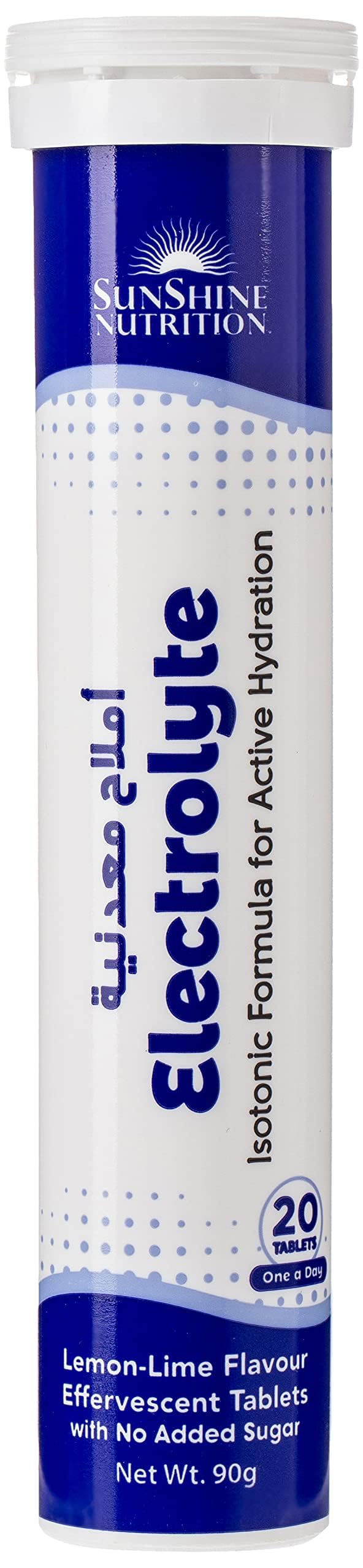 Sunshine Nutrition white tub of isotonic electrolyte tablets lemon lime effervescent 20 count for hydration