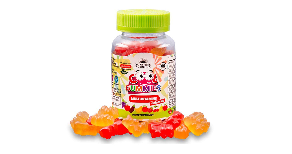 SUNSHINE NUTRITION bottle of kids multivitamin gummies UAE with assorted fruit shaped gummies and green lid