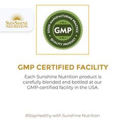 Sunshine Nutrition GMP certified facility badge promoting kids multivitamin gummies UAE made in USA