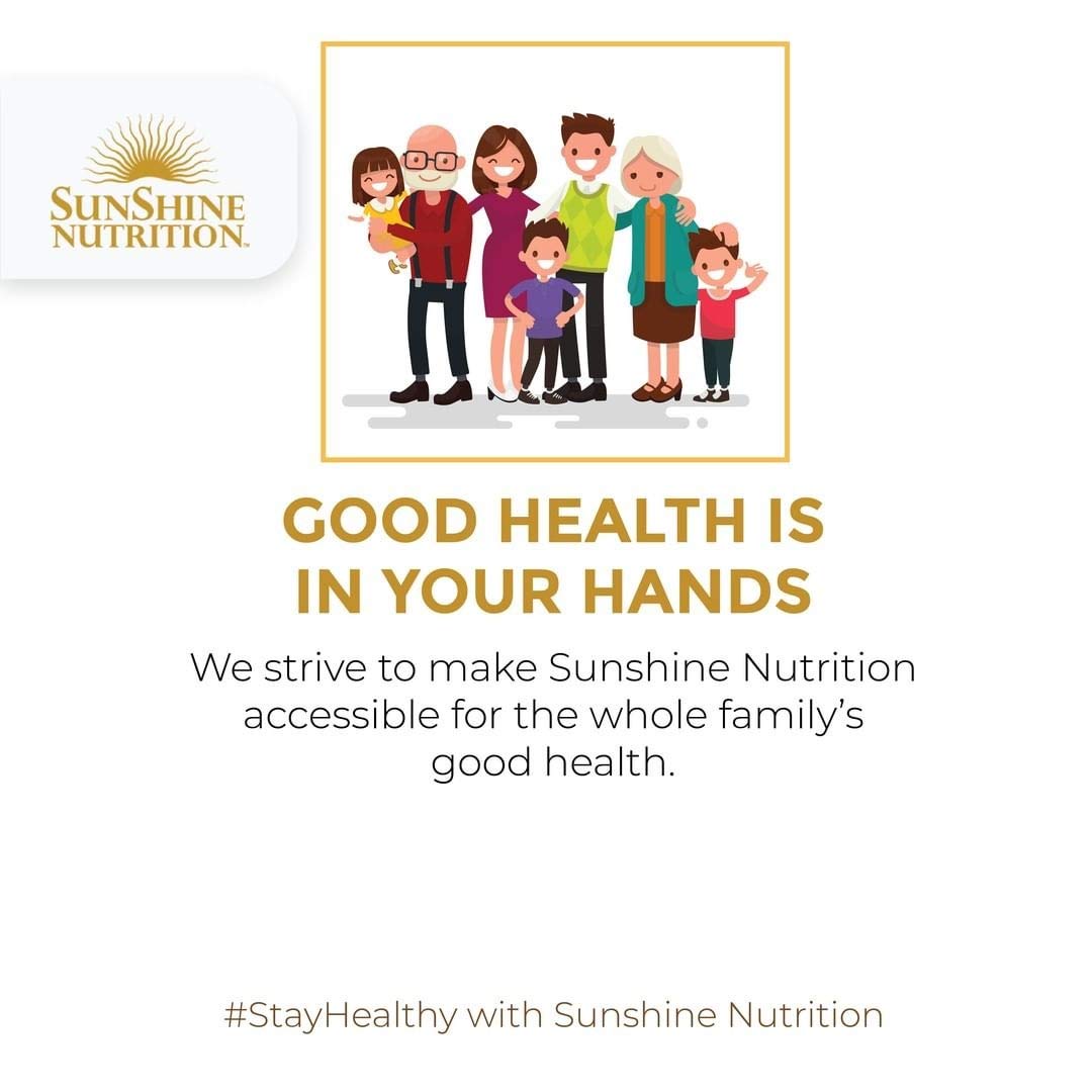Sunshine Nutrition family health promotional image with logo and slogan promoting kids multivitamin gummies UAE