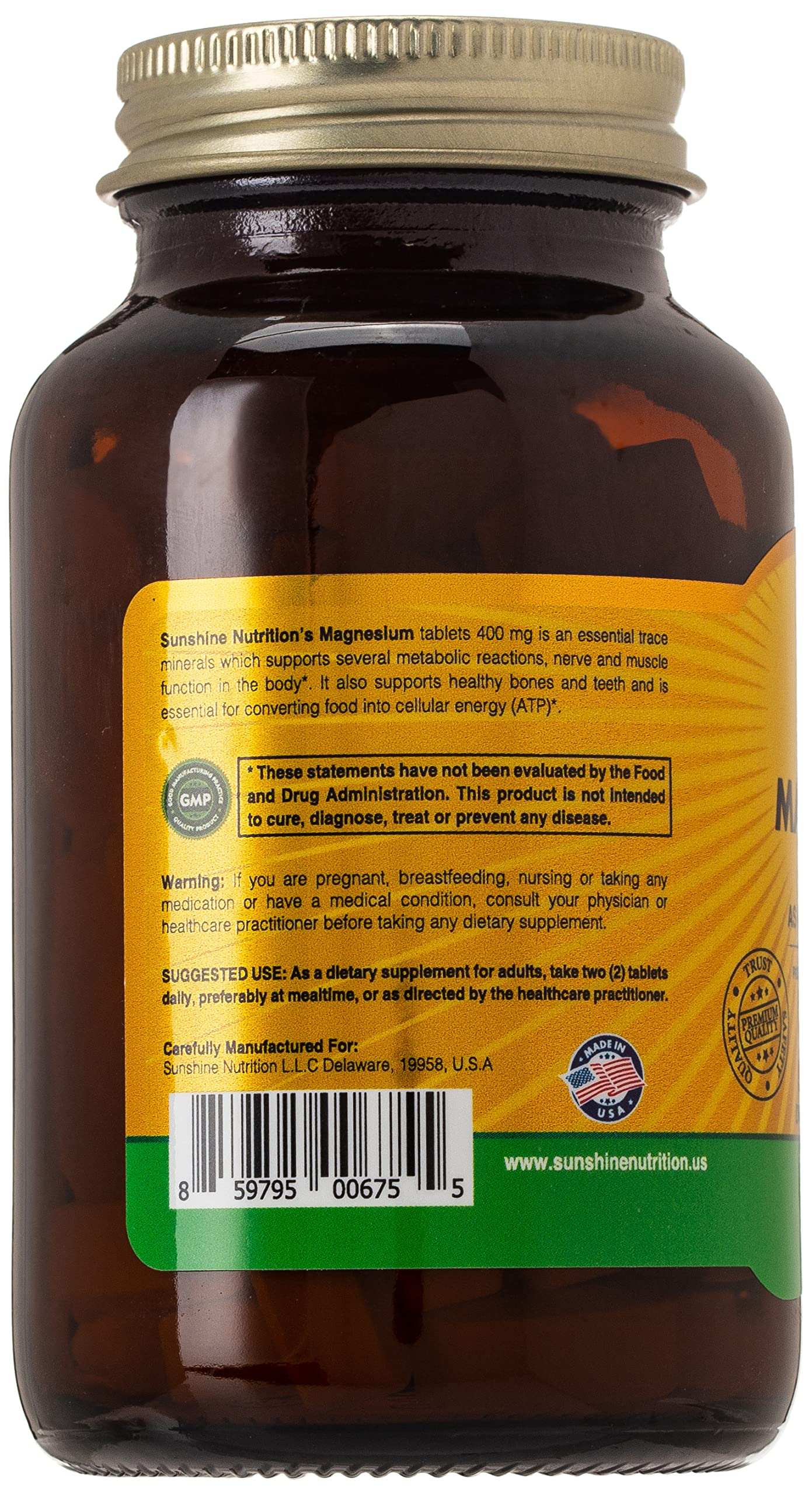 SUNSHINE NUTRITION brown glass supplement bottle showing back label barcode and magnesium citrate tablets UAE