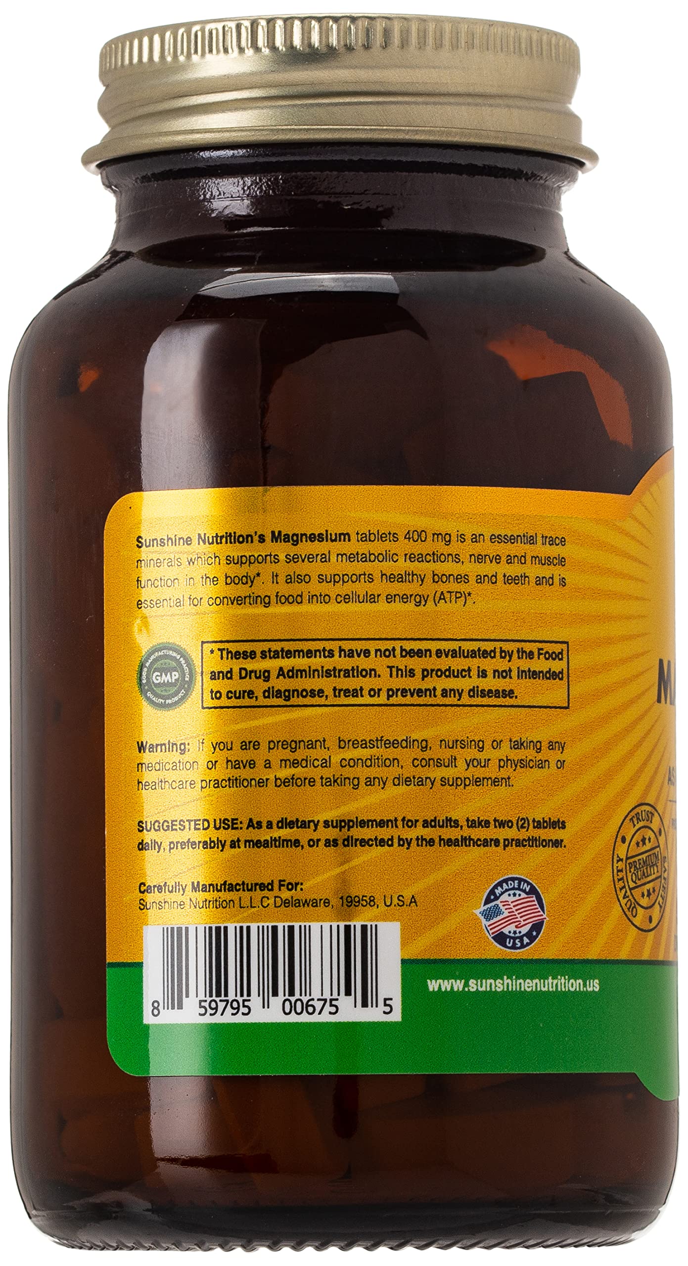 SUNSHINE NUTRITION brown glass supplement bottle showing back label barcode and magnesium citrate tablets UAE
