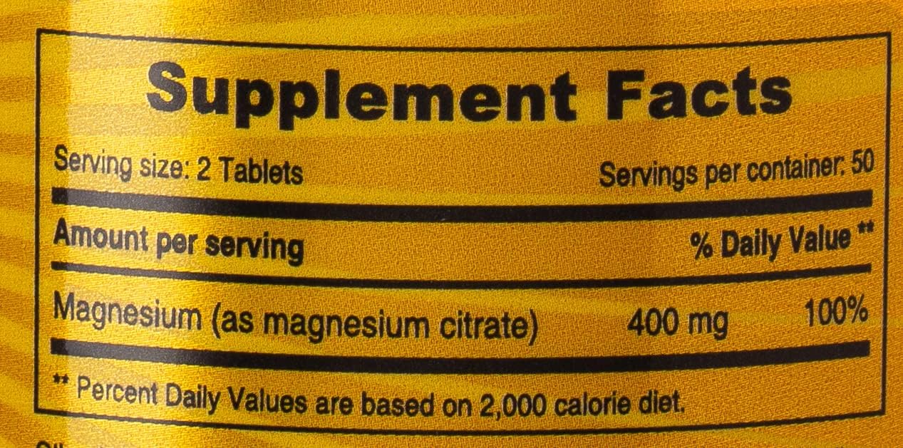 Sunshine Nutrition supplement facts label showing magnesium 400 mg per serving serving size 2 tablets magnesium citrate tablets UAE